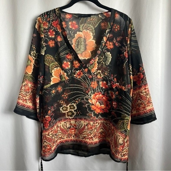 Vero Moda Sheer V-Neck Bohemian Floral Blouse size Large - Picture 1 of 7